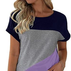 Womens Color Block Short Sleeve Tops Casual Summer T-Shirt